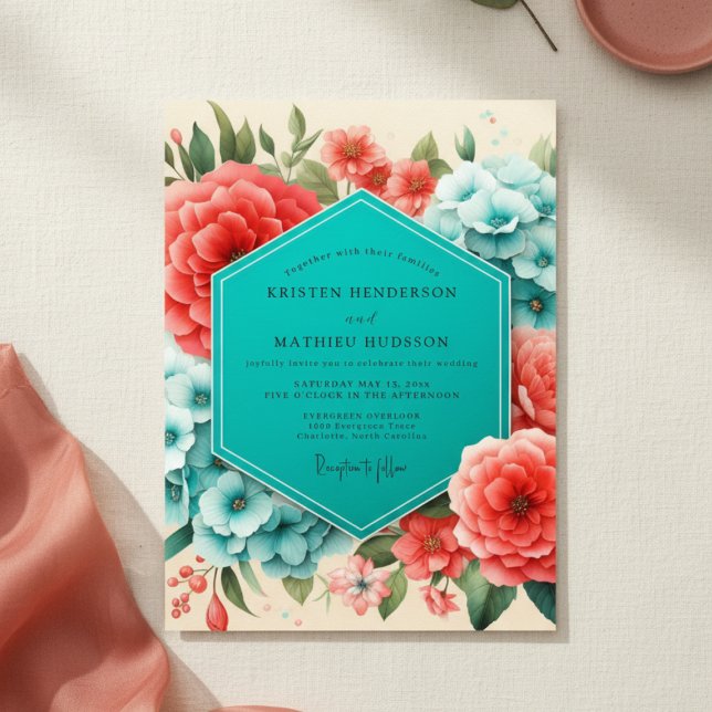 Teal Floral Opulent Bloom Wedding Invitation (Creator Uploaded)