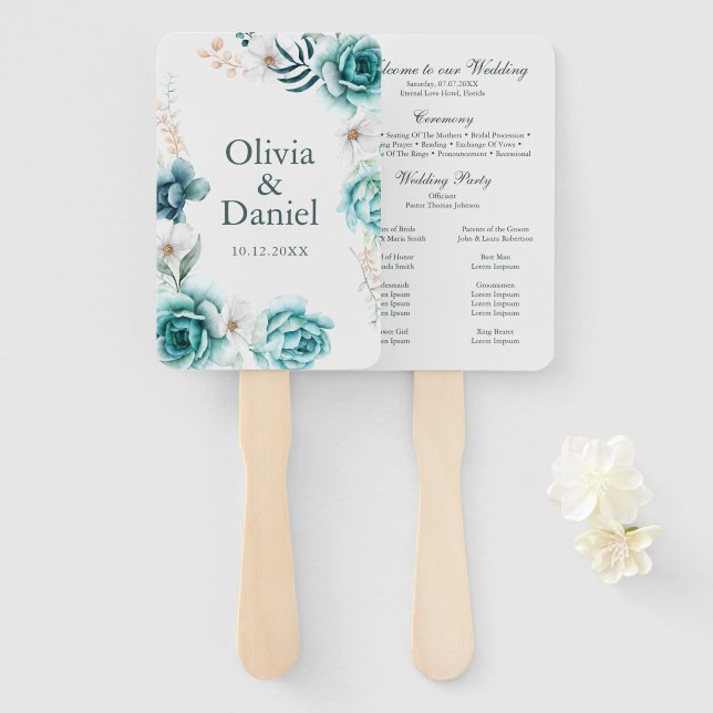 Teal Floral Outdoor Wedding Ceremony Program Fan (Front and Back)