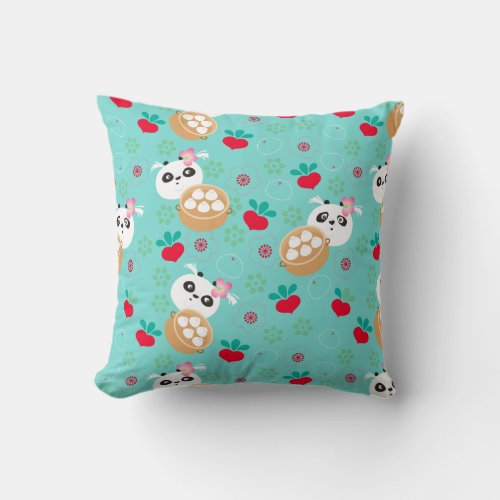 Teal Floral Panda Dumpling Pattern Throw Pillow