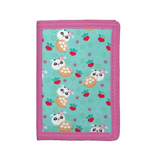 Teal Floral Panda Dumpling Pattern Tri_fold Wallet