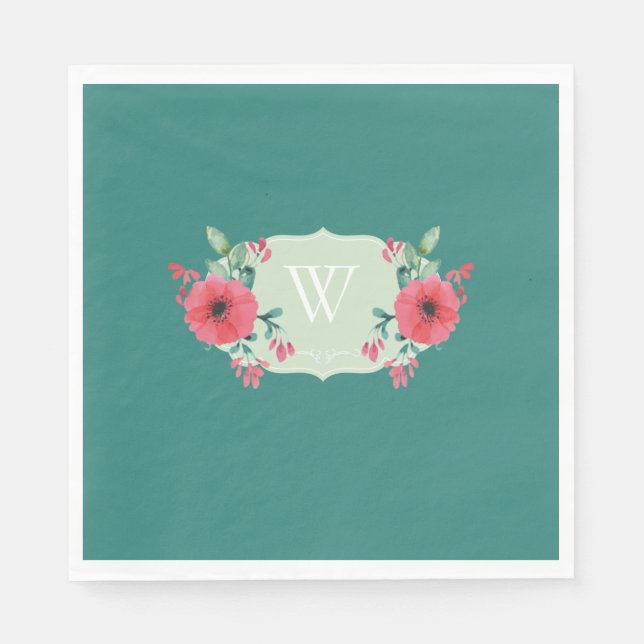 Teal Floral Paper Napkin with Initial Monogram (Front)