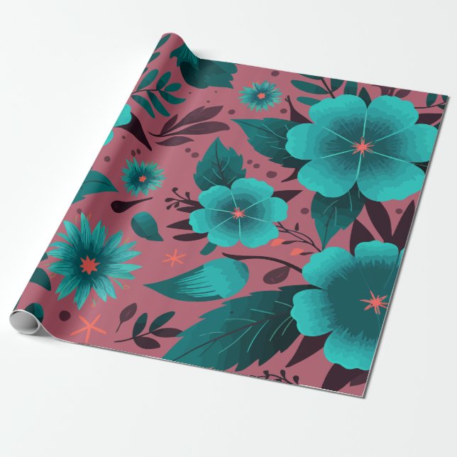 Teal Floral Pattern on Maroon Background Wrapping Paper (Unrolled)