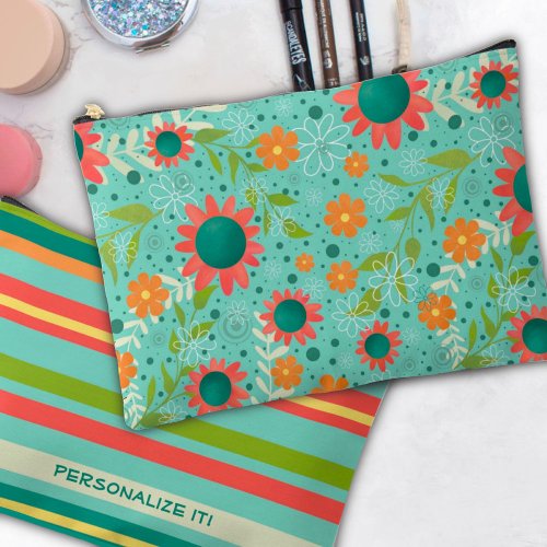 Teal Floral Pattern Unique Custom Cosmetic Bag