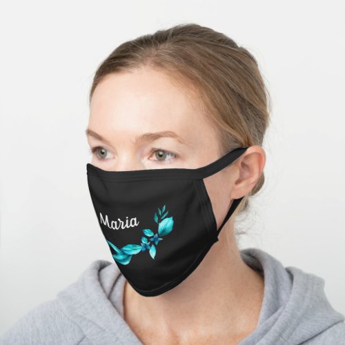 Teal Floral Personalized Name Black Cotton Face Mask