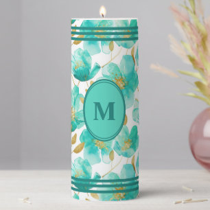 Teal Floral Personalized Pillar Candle
