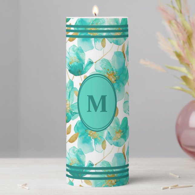 Teal Floral Personalized  Pillar Candle (In Situ)