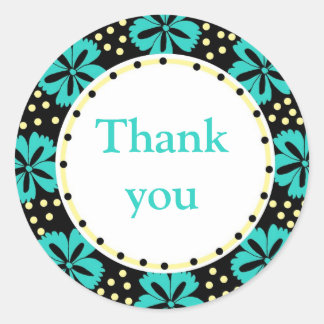 Teal Floral Polka Dots:Thank You Classic Round Sticker