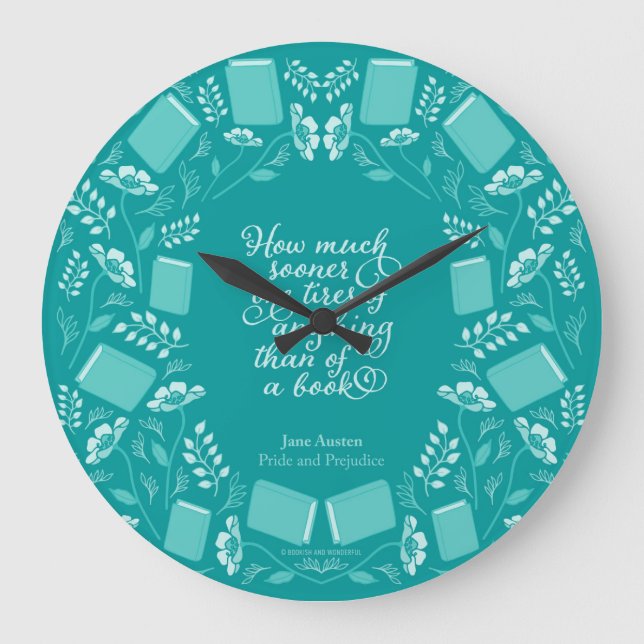 Teal Floral Pride & Prejudice Book Quote Large Clock (Front)