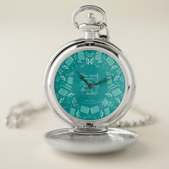 Teal Floral Pride & Prejudice Book Quote Pocket Watch (Inside)