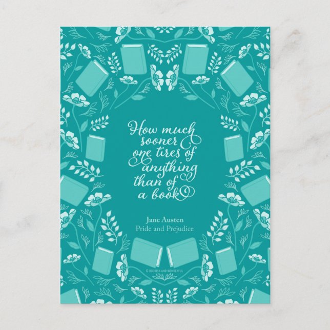 Teal Floral Pride & Prejudice Bookish Quote Postcard (Front)