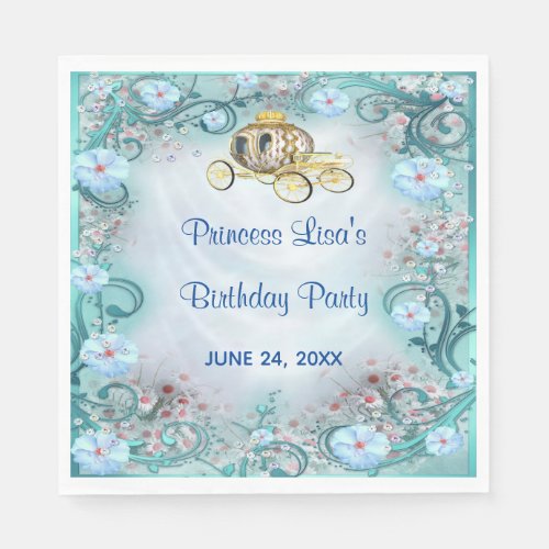 Teal Floral Princess Enchanted Birthday Napkins