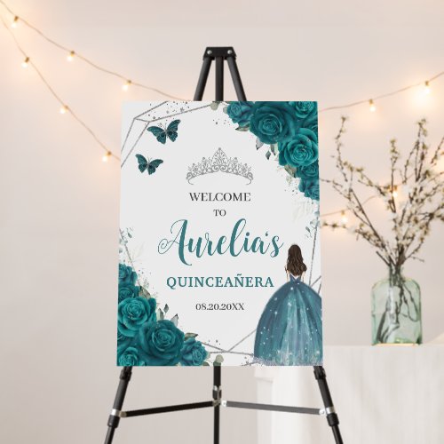 Teal Floral Princess Silver Quinceanera XV Welcome Foam Board