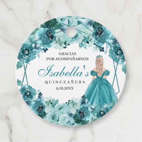 Teal Floral Quinceanera Circle Favor Tags