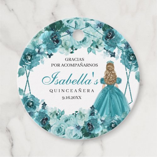 Teal Floral Quinceanera Circle Favor Tags