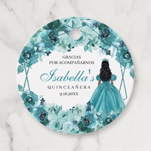 Teal Floral Quinceanera Circle Favor Tags