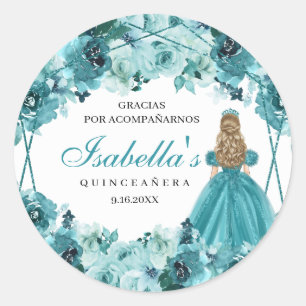 Teal Floral Quinceanera Classic Round Sticker