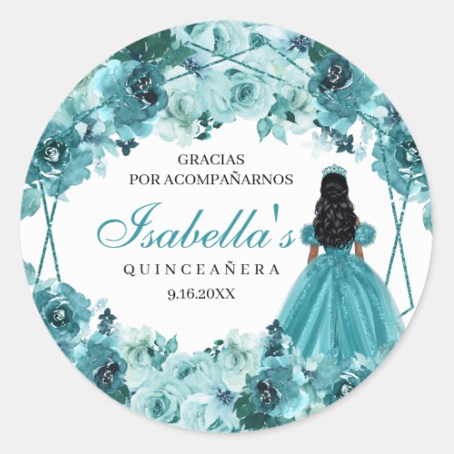 Teal Floral Quinceanera Classic Round Sticker