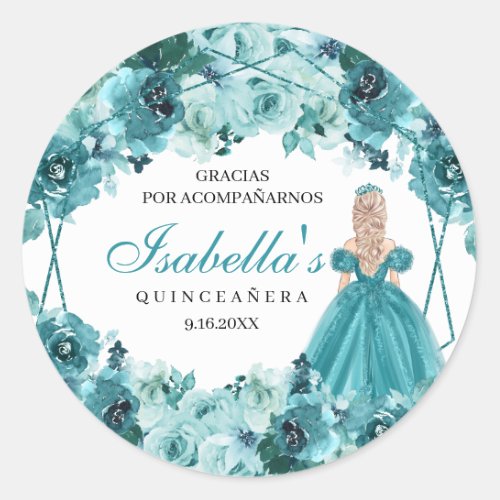 Teal Floral Quinceanera Classic Round Sticker