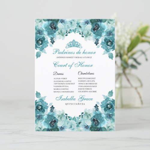Teal Floral Quinceanera Court of Honor Invitation