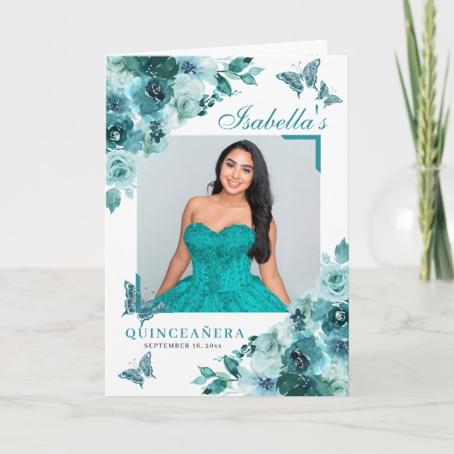 Teal Floral Quinceanera Tiara Butterflies Program (Front)
