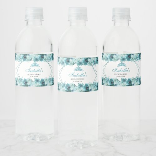 Teal Floral Quinceanera Water Bottle Label