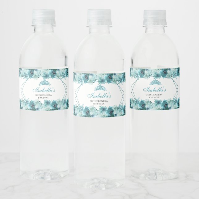 Teal Floral Quinceanera Water Bottle Label (Bottles)