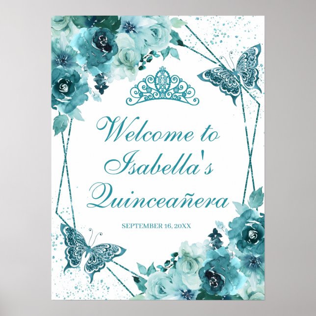 Teal Floral Quinceanera Welcome Sign (Front)
