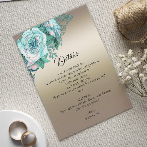 Teal Floral Romance Gold Wedding Details Enclosure Card