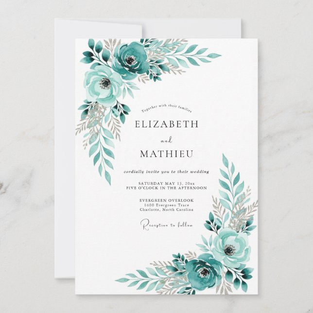 Teal Floral Romance Wedding Invitation (Front)