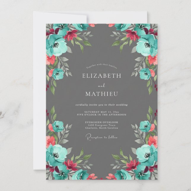 Teal Floral Romantic Bloom Wedding Invitation (Front)