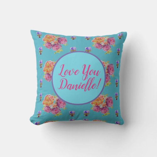 Teal Floral Rose Love Girls Ladies Name Cushion