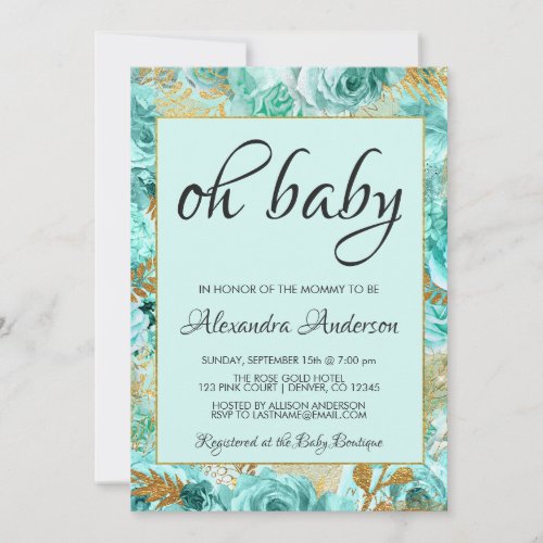 Teal Floral Roses Baby Shower Monogram Invitation