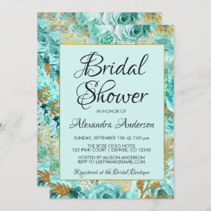 Teal Floral Roses Bridal Shower Monogram Invitation