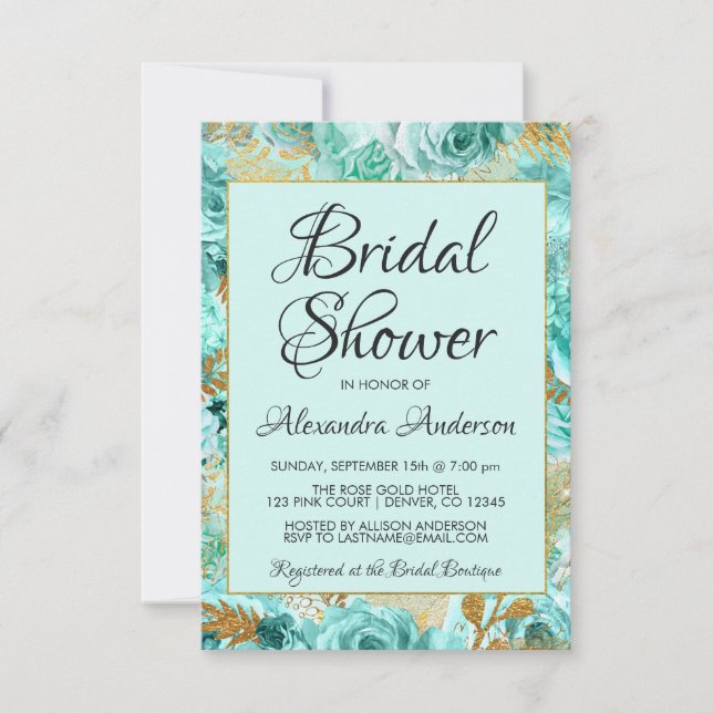 Teal Floral Roses Bridal Shower Monogram Invitation (Front)