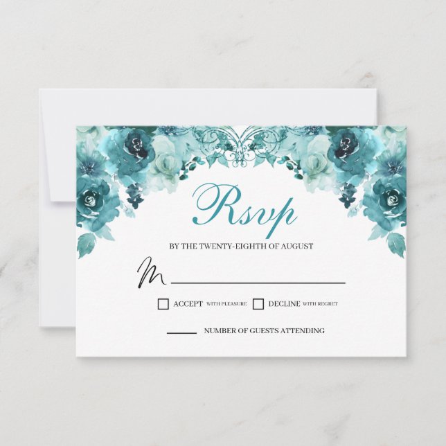 Teal Floral RSVP Enclosure Card (Front)