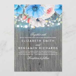 Teal Floral Rustic String Lights Wedding Invitation