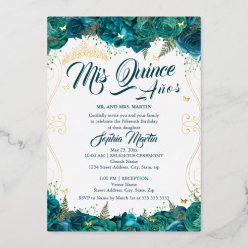 Teal Floral Scroll Mis Quince Quinceanera  Foil Invitation