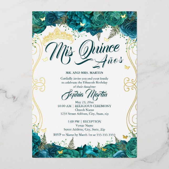 Teal Floral Scroll Mis Quince Quinceanera  Foil Invitation (Front)
