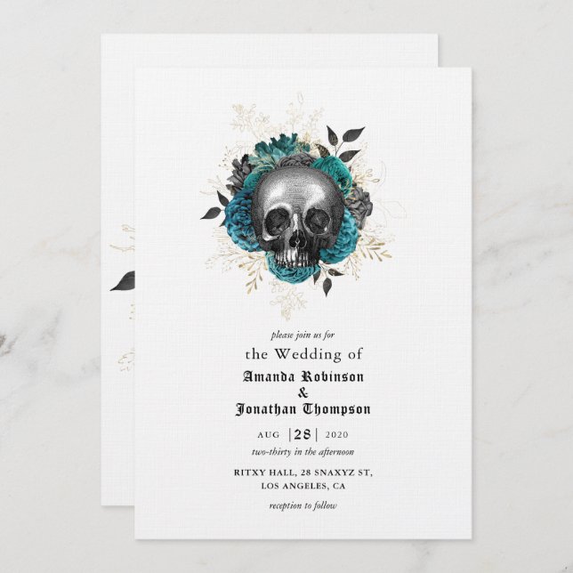 Teal Floral Skull Halloween Gothic Wedding Invitation (Front/Back)
