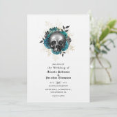 Teal Floral Skull Halloween Gothic Wedding Invitation (Standing Front)