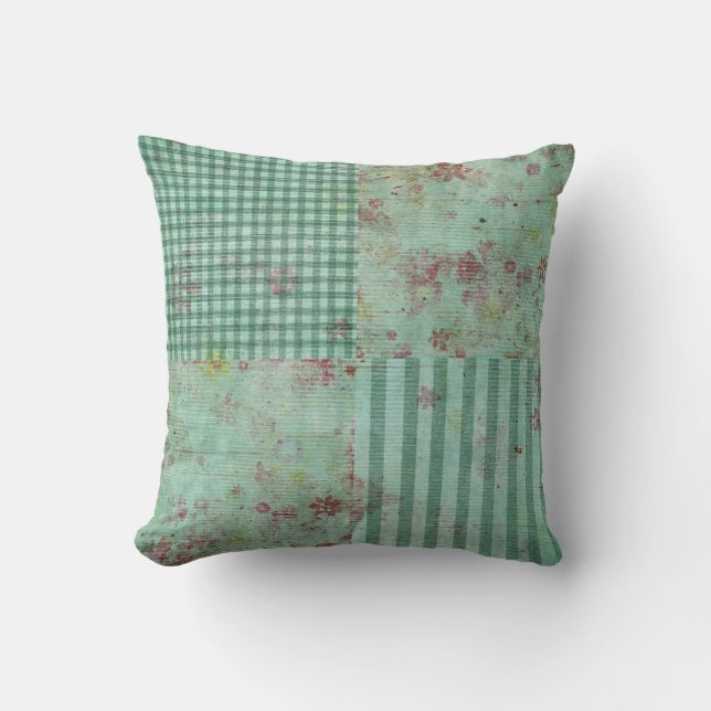 Teal Floral Squares Throw Pillow (Front)