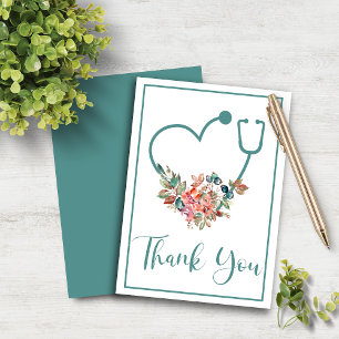 Teal Floral Stethoscope Heart Thank You Card