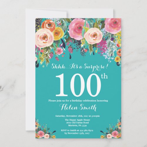 Teal Floral Surprise 100th Birthday Invitation