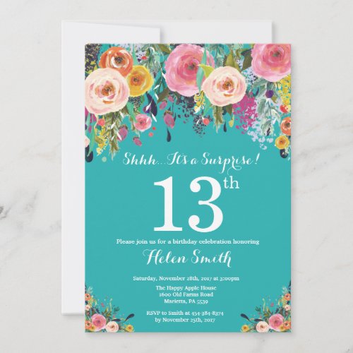 Teal Floral Surprise 13th Birthday Invitation