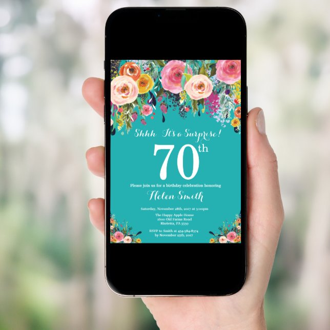 Teal Floral Surprise 70th Birthday Invitation (Front Digital)