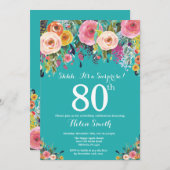 Teal Floral Surprise 80th Birthday Invitation (Front/Back)
