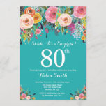 Teal Floral Surprise 80th Birthday Invitation<br><div class="desc">Teal Floral Surprise 80th Birthday Invitation for Women. Watercolor Floral Flower. Teal Aqua Turquoise Background. Pink, Yellow, Orange, Purple Flower. Adult Birthday. 13th 15th 16th 18th 20th 21st 30th 40th 50th 60th 70th 80th 90th 100th, Any Ages. For further customization, please click the "Customize it" button and use our design...</div>
