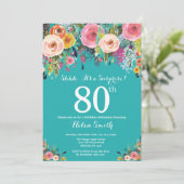 Teal Floral Surprise 80th Birthday Invitation (Standing Front)
