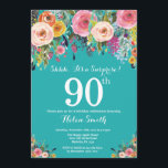 Teal Floral Surprise 90th Birthday Invitation<br><div class="desc">Teal Floral Surprise 90th Birthday Invitation for Women. Watercolor Floral Flower. Teal Aqua Turquoise Background. Pink, Yellow, Orange, Purple Flower. Adult Birthday. 13th 15th 16th 18th 20th 21st 30th 40th 50th 60th 70th 80th 90th 100th, Any Ages. For further customization, please click the "Customize it" button and use our design...</div>
