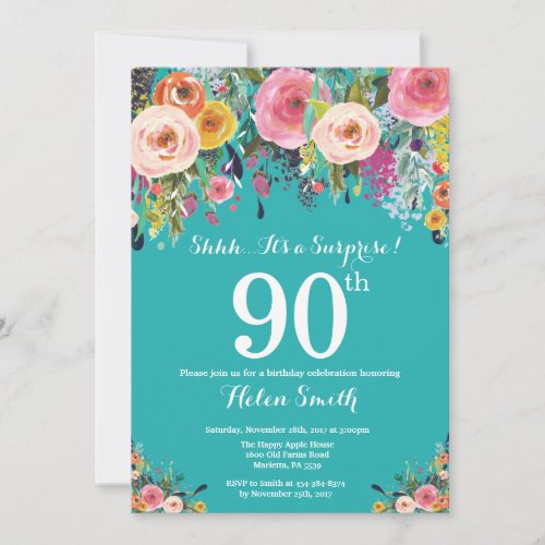 Teal Floral Surprise 90th Birthday Invitation